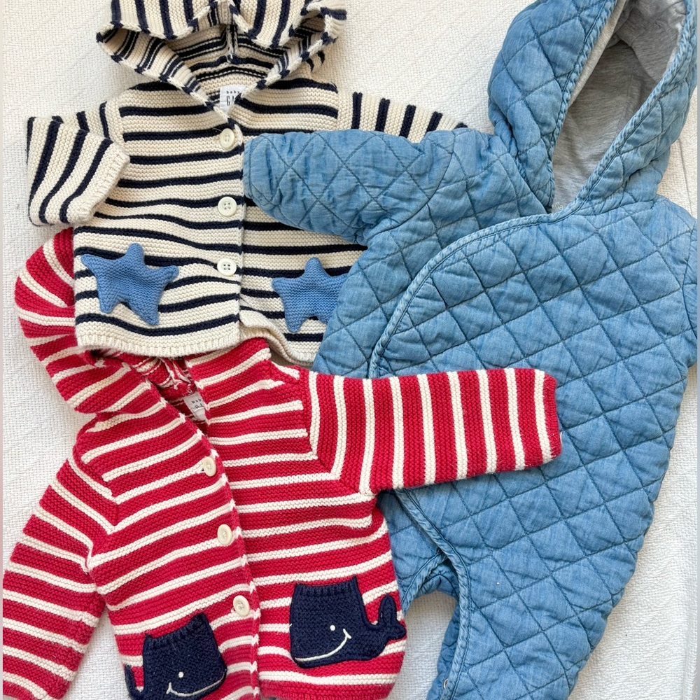 GAP Bundle 0-3 M Cotton Striped Knit Button Down Sweaters & Quilted Bunting Suit